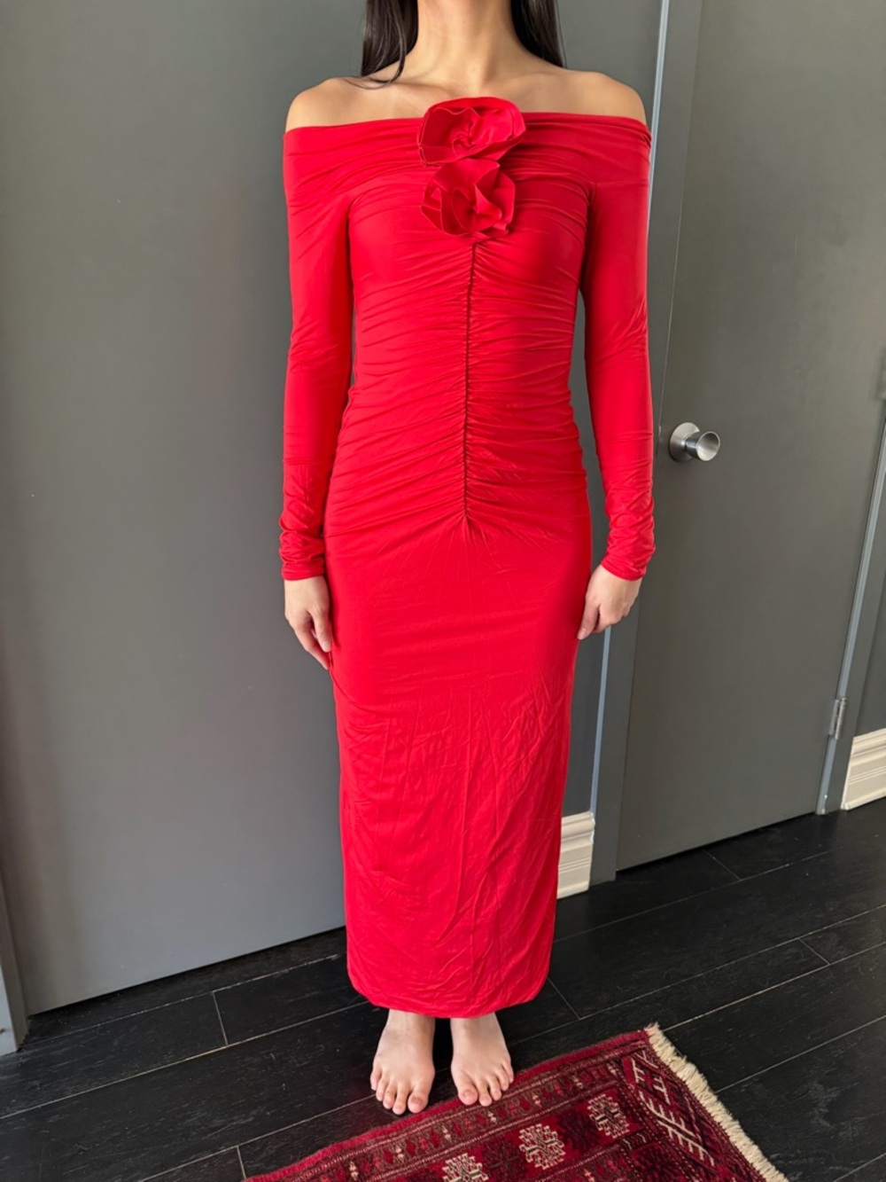 Off-the-Shoulder Red Ruched Maxi Dress with Floral Accent